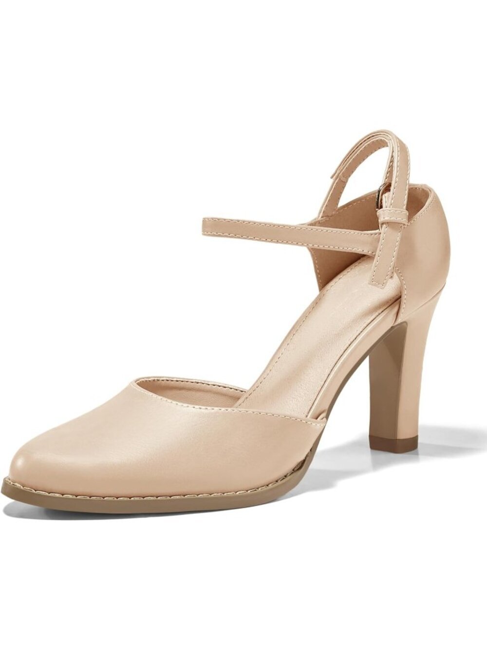Women's Nude Chunky High Heels Closed Pointed Toe Ankle Strap Pumps Party Shoes